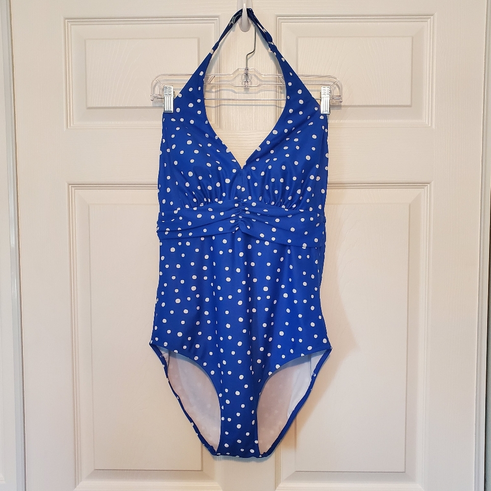 Tuscany Underwire Plunge Halter Tummy Control Swimsuit in Blue Dot - 34G